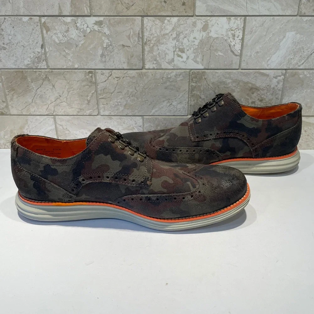 Cole Haan Grand.OS Mens Camo Suede Wingtip Oxford Shoes C32415 Brown Green 9.5 W